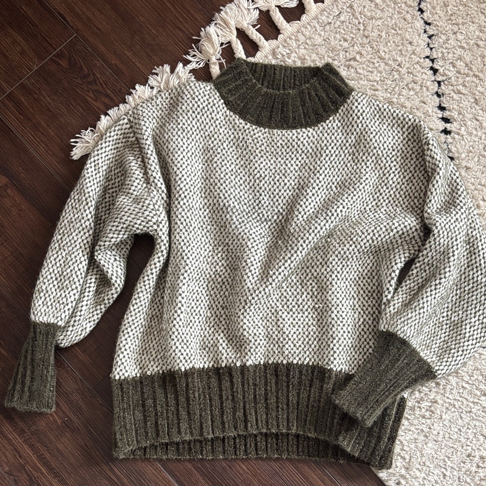 Olive and Cream Contrast Cowl Neck Sweater